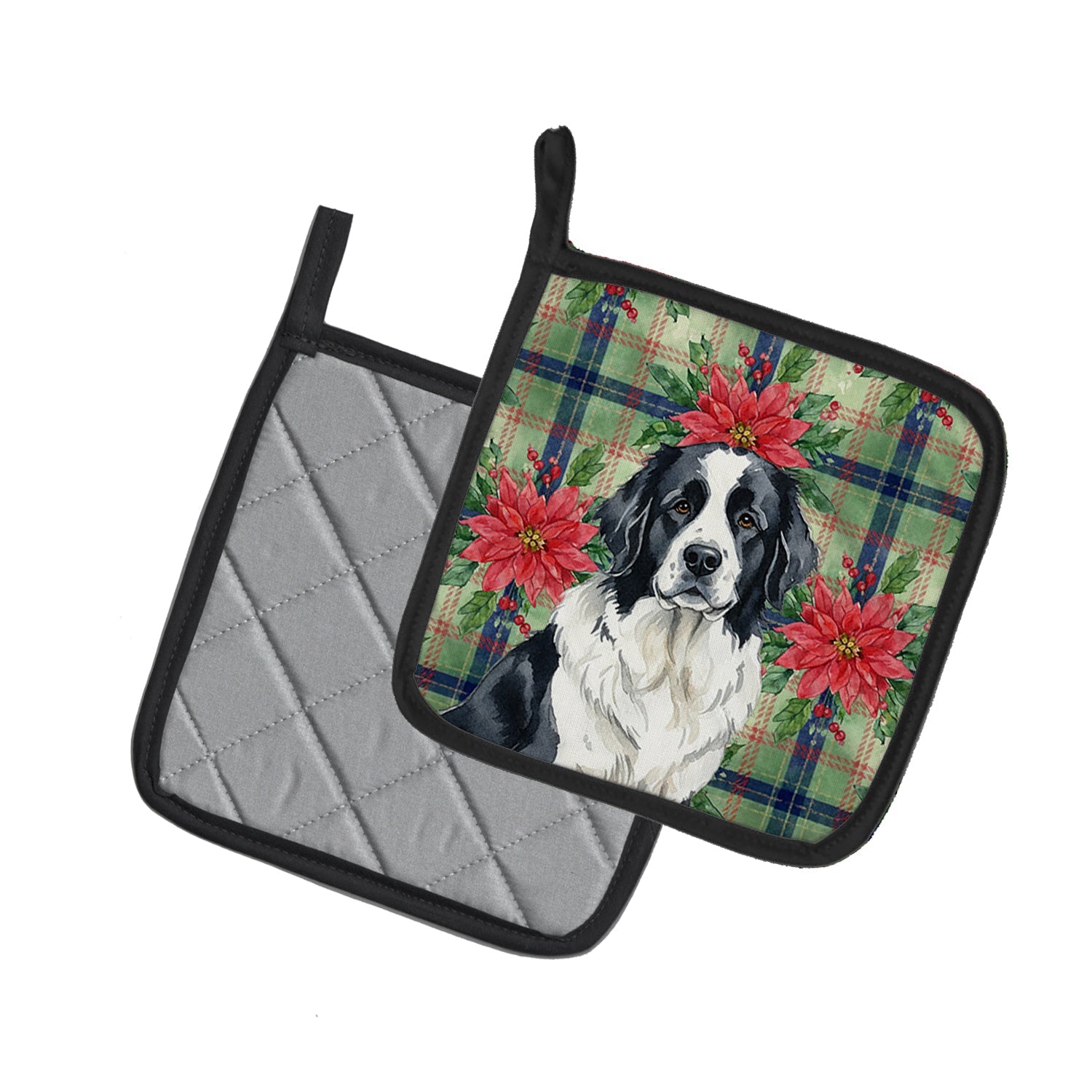 Landseer Newfoundland Christmas PoinsettIas Pot Holder Set of 2 Heat Resistant Quilted Hot Pads 7.5 x 7.5 Inch, Insulated Kitchen Trivets for Cooking & Baking