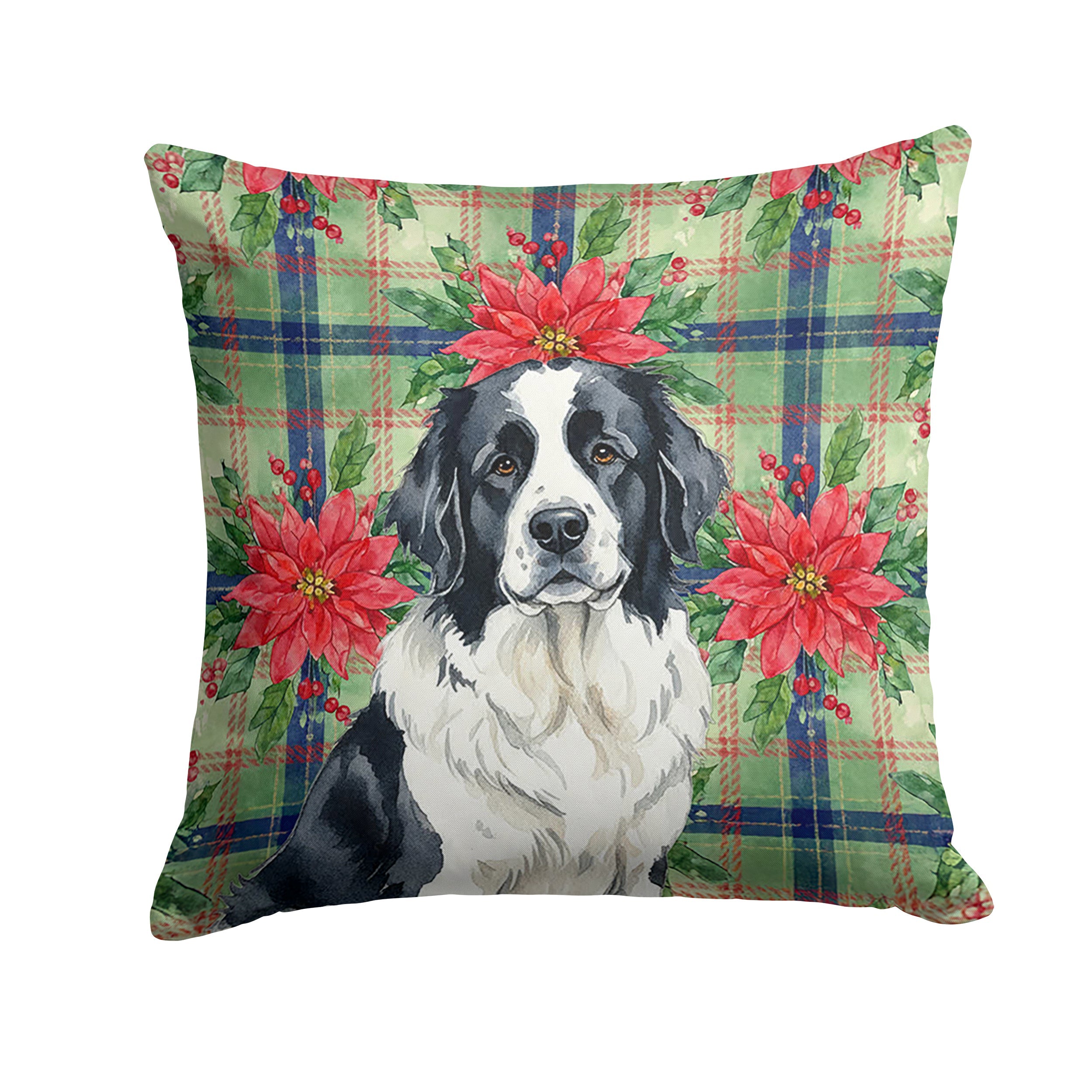 Landseer Newfoundland Christmas PoinsettIas Decorative Throw Pillow 14x14 Indoor Outdoor Accent Cushion, Fabric Cover with Insert for Sofa, Bed, Porch & Living Room