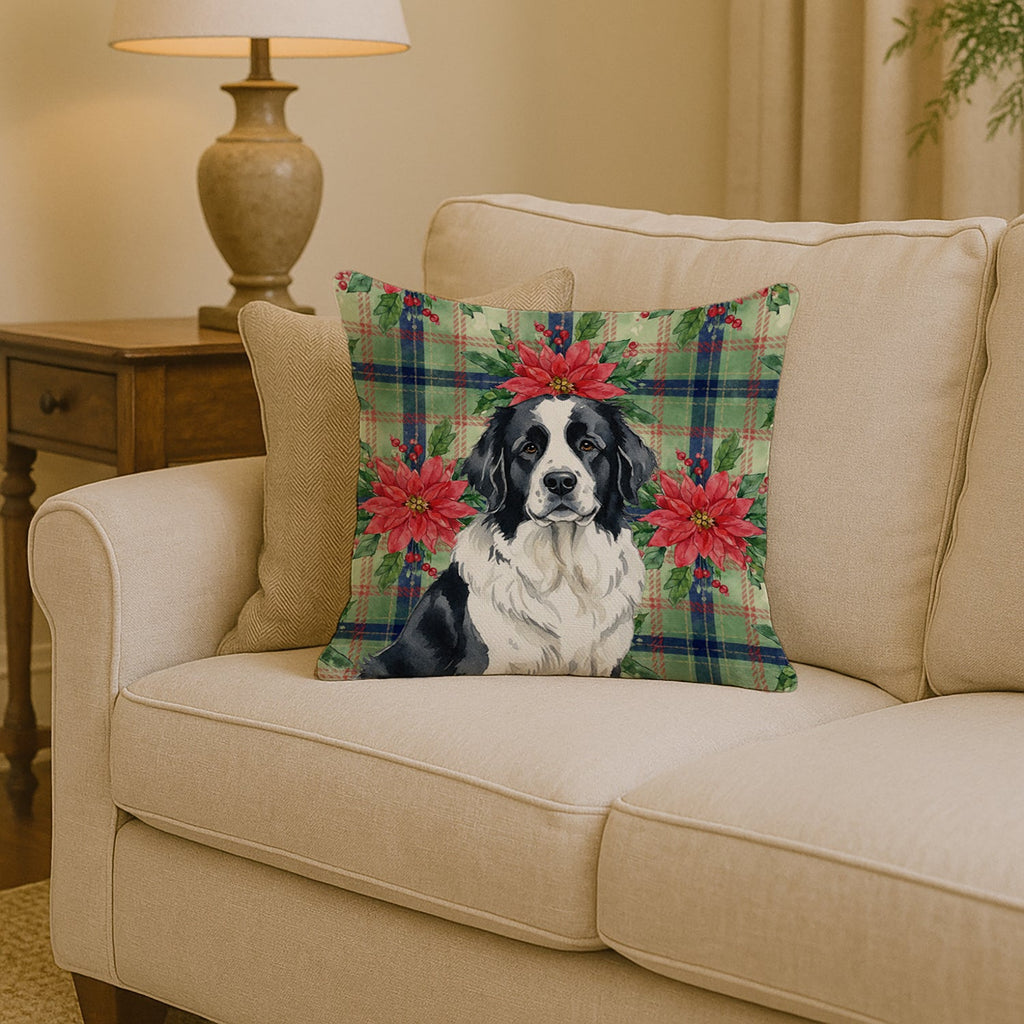 Landseer Newfoundland Christmas PoinsettIas Decorative Throw Pillow 14x14 Indoor Outdoor Accent Cushion, Fabric Cover with Insert for Sofa, Bed, Porch & Living Room