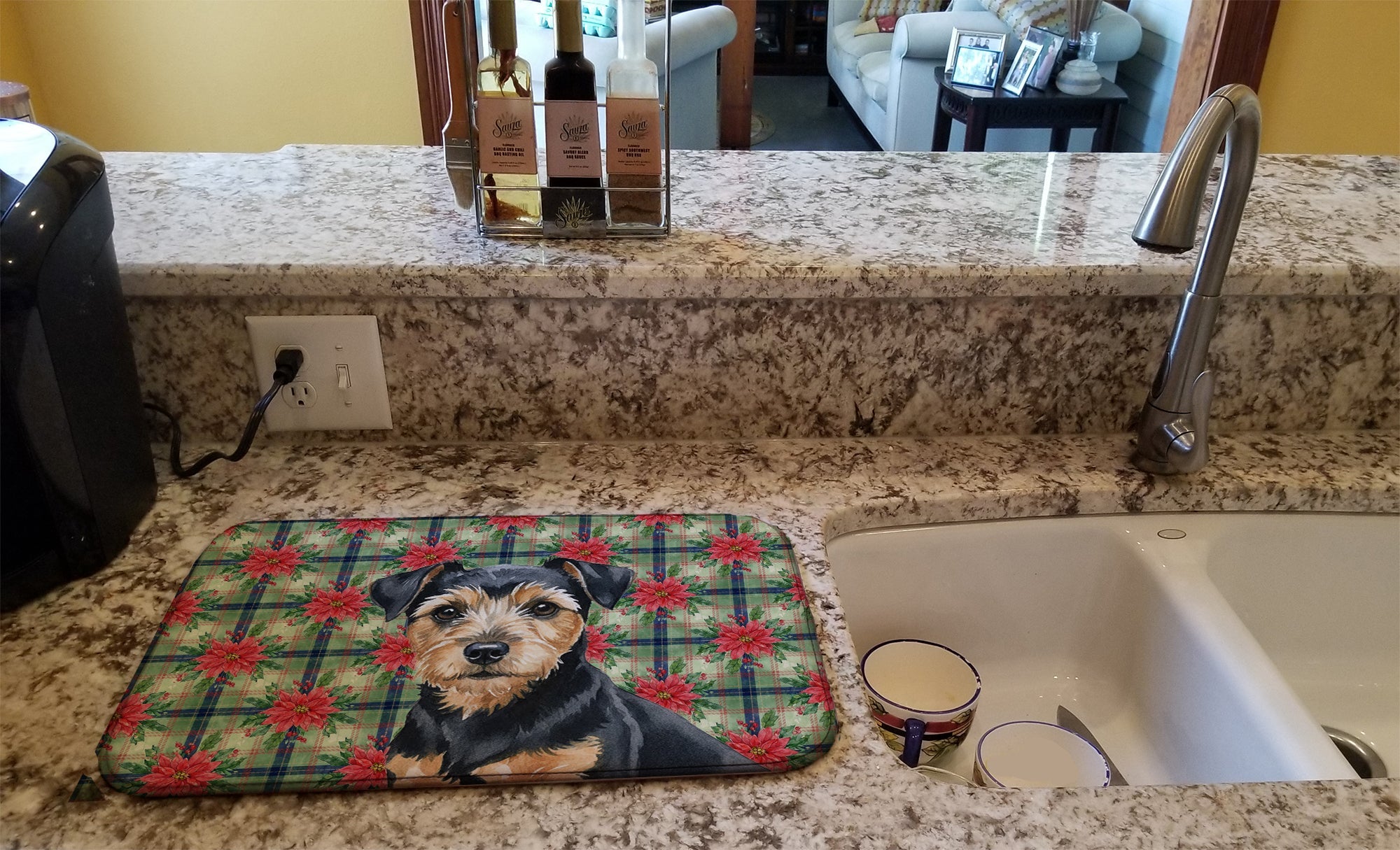 Black and Tan Norfolk Terrier Christmas PoinsettIas Dish Drying Mat Absorbent Dish Drying Mat Pad for Kitchen Counter Dish Drainer Mat for Countertop, 14 x 21", Multicolor