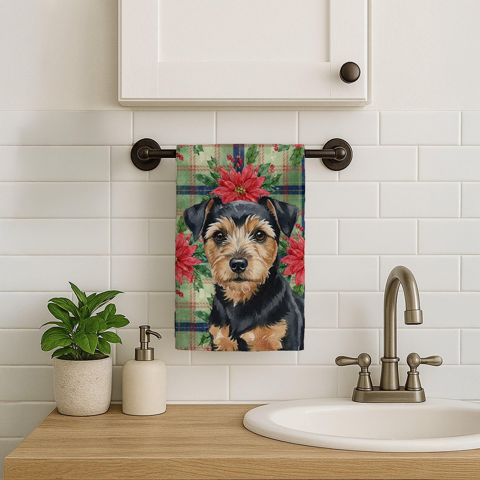 Black and Tan Norfolk Terrier Christmas PoinsettIas Kitchen Towel Velour Plush Front and Cotton Loop Back Machine Washable
