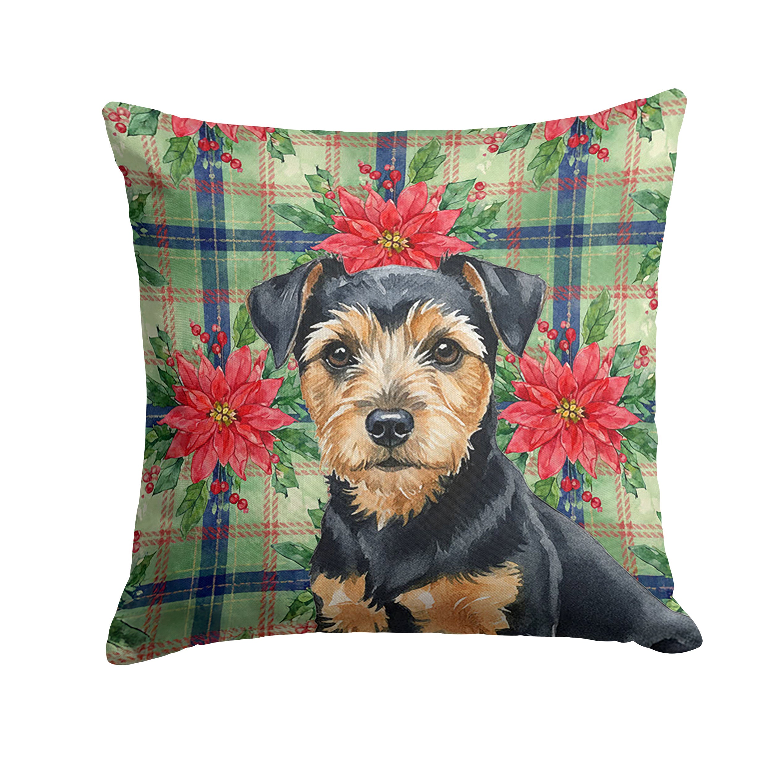 Black and Tan Norfolk Terrier Christmas PoinsettIas Decorative Throw Pillow 18x18 Indoor Outdoor Accent Cushion, Fabric Cover with Insert for Sofa, Bed, Porch & Living Room