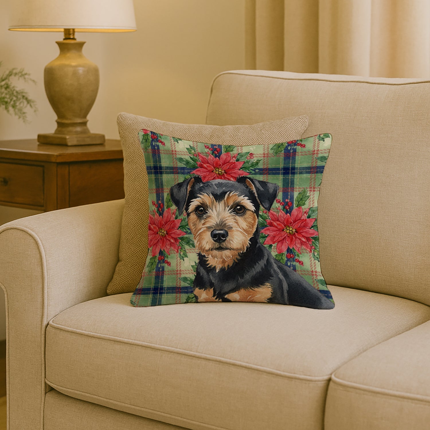 Black and Tan Norfolk Terrier Christmas PoinsettIas Decorative Throw Pillow 18x18 Indoor Outdoor Accent Cushion, Fabric Cover with Insert for Sofa, Bed, Porch & Living Room