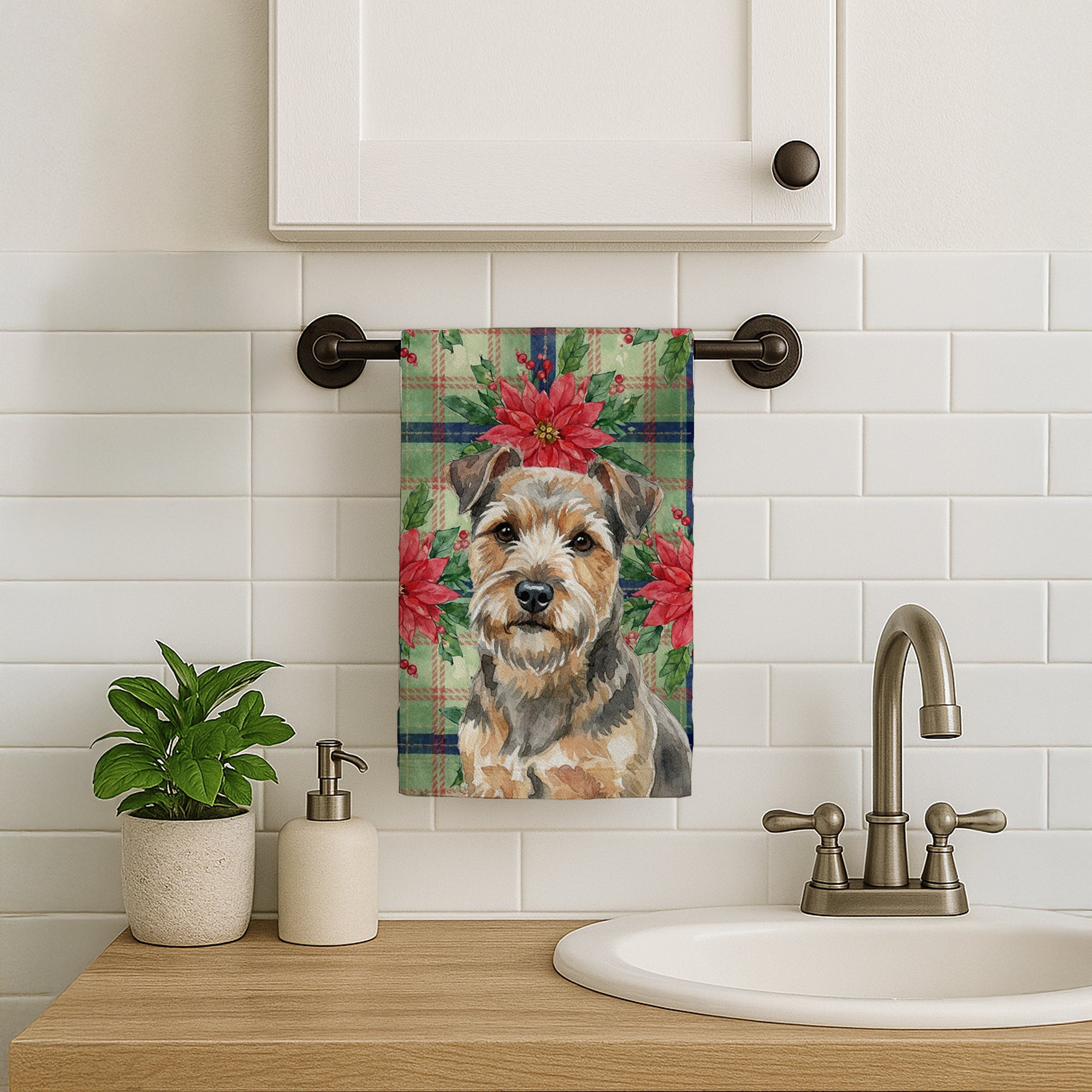 Grizzle and Tan Norfolk Terrier Christmas PoinsettIas Kitchen Towel Velour Plush Front and Cotton Loop Back Machine Washable