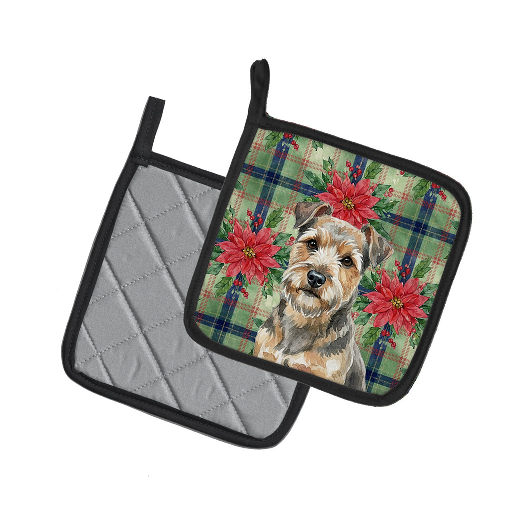Grizzle and Tan Norfolk Terrier Christmas PoinsettIas Pot Holder Set of 2 Heat Resistant Quilted Hot Pads 7.5 x 7.5 Inch, Insulated Kitchen Trivets for Cooking & Baking