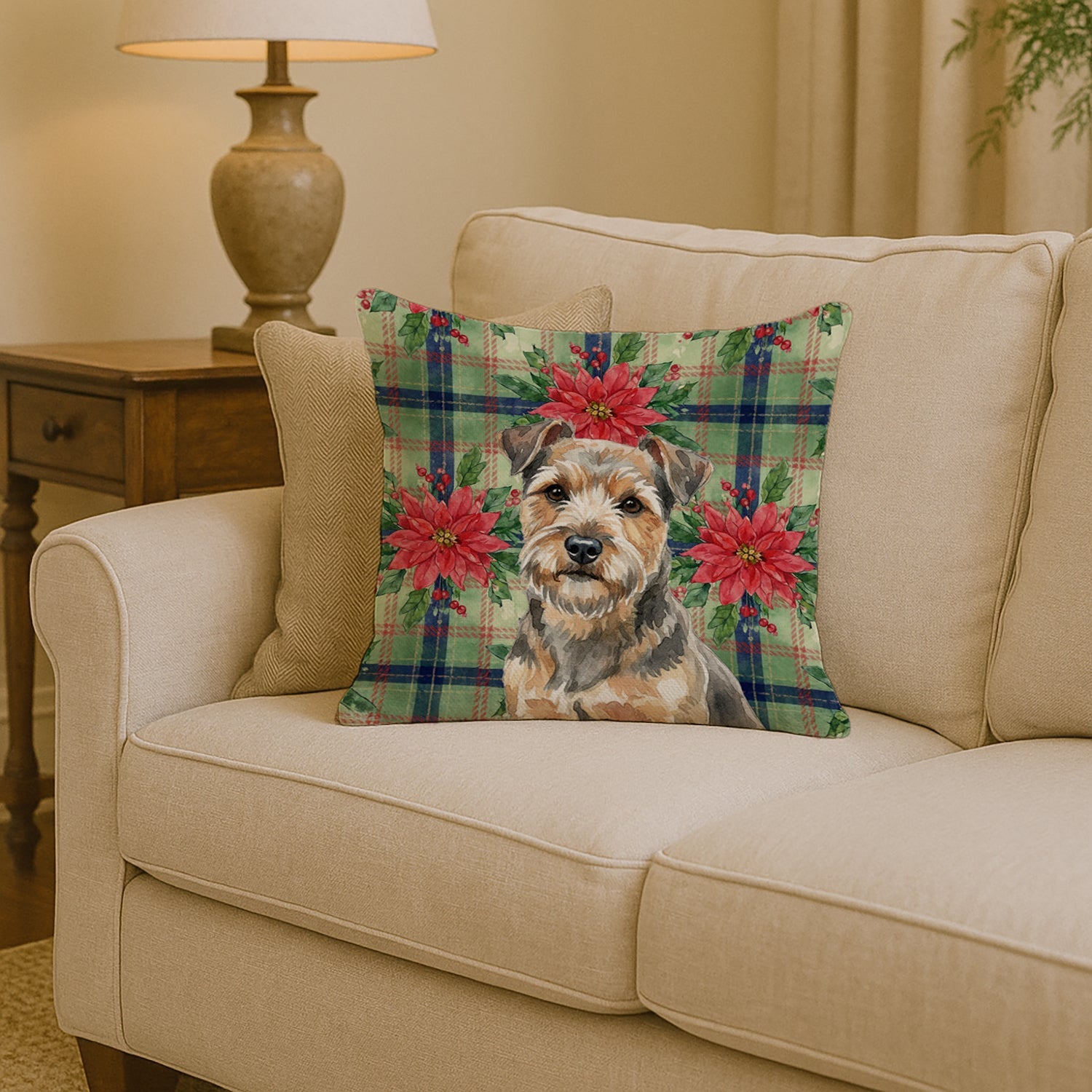 Grizzle and Tan Norfolk Terrier Christmas PoinsettIas Decorative Throw Pillow 14x14 Indoor Outdoor Accent Cushion, Fabric Cover with Insert for Sofa, Bed, Porch & Living Room