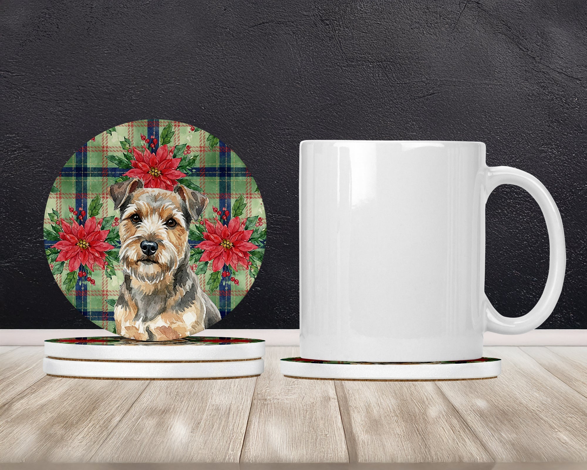 Grizzle and Tan Norfolk Terrier Christmas PoinsettIas Large Sandstone Coasters Pack of 4 Absorbent Round Coasters Decor Gifts for Men or Women, 4 in, Multicolor