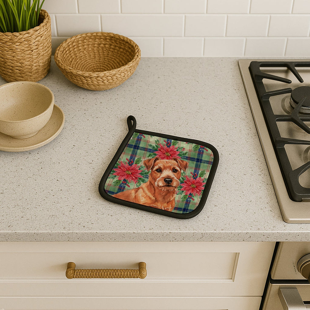Red Norfolk Terrier Christmas PoinsettIas Pot Holder Set of 2 Heat Resistant Quilted Hot Pads 7.5 x 7.5 Inch, Insulated Kitchen Trivets for Cooking & Baking