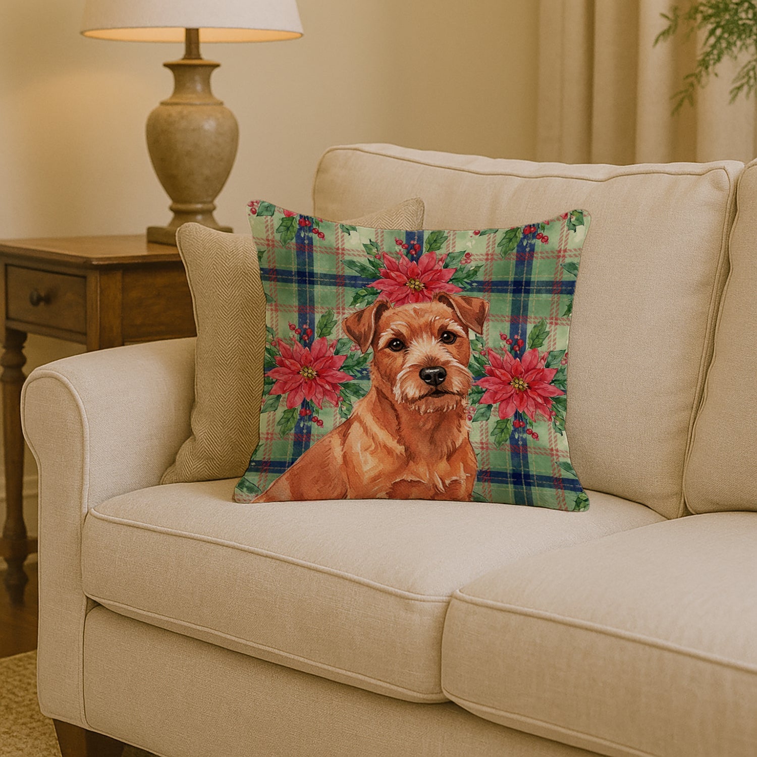 Red Norfolk Terrier Christmas PoinsettIas Decorative Throw Pillow 14x14 Indoor Outdoor Accent Cushion, Fabric Cover with Insert for Sofa, Bed, Porch & Living Room
