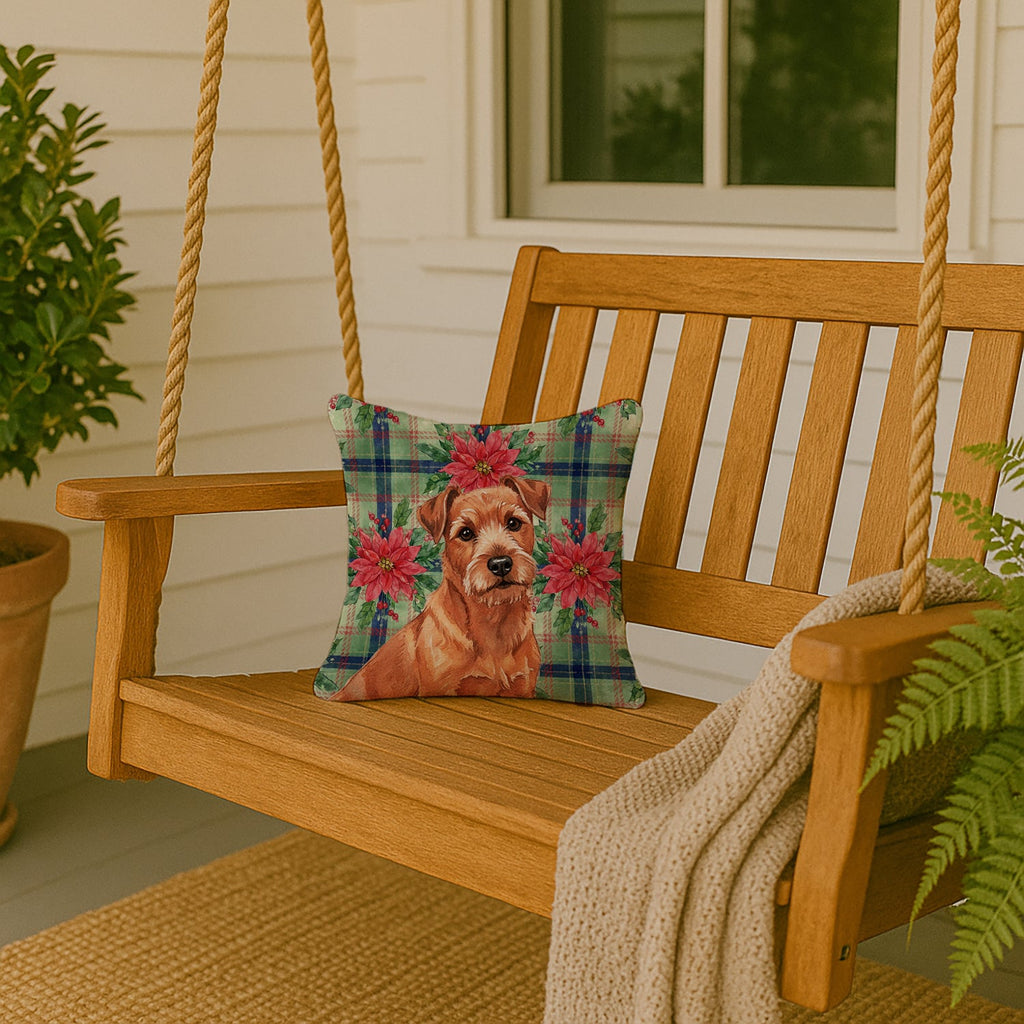 Red Norfolk Terrier Christmas PoinsettIas Decorative Throw Pillow 14x14 Indoor Outdoor Accent Cushion, Fabric Cover with Insert for Sofa, Bed, Porch & Living Room