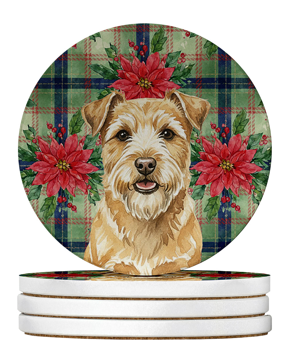 Wheaten Norfolk Terrier Christmas PoinsettIas Large Sandstone Coasters Pack of 4 Absorbent Round Coasters Decor Gifts for Men or Women, 4 in, Multicolor