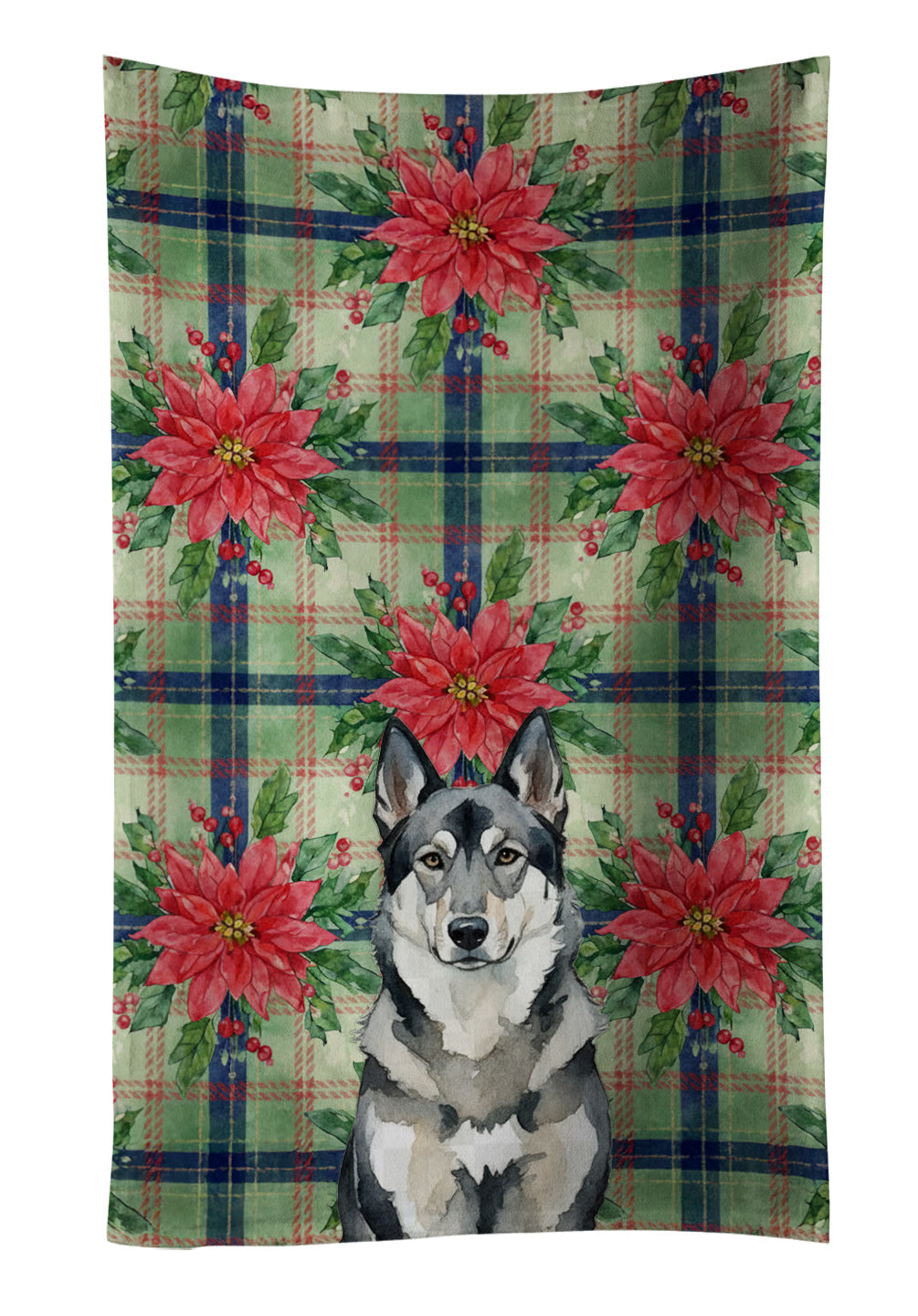 Norwegian Elkhound Christmas PoinsettIas Kitchen Towel Velour Plush Front and Cotton Loop Back Machine Washable