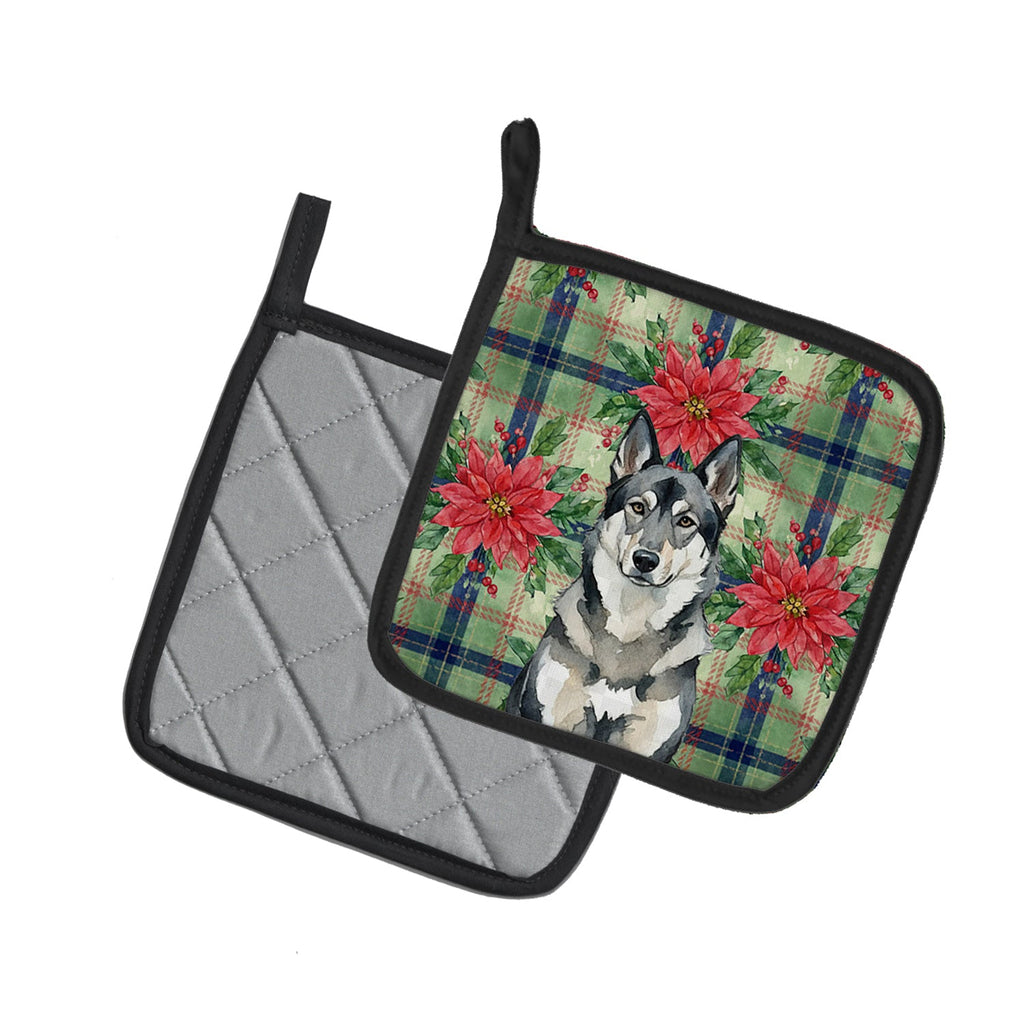 Norwegian Elkhound Christmas PoinsettIas Pot Holder Set of 2 Heat Resistant Quilted Hot Pads 7.5 x 7.5 Inch, Insulated Kitchen Trivets for Cooking & Baking