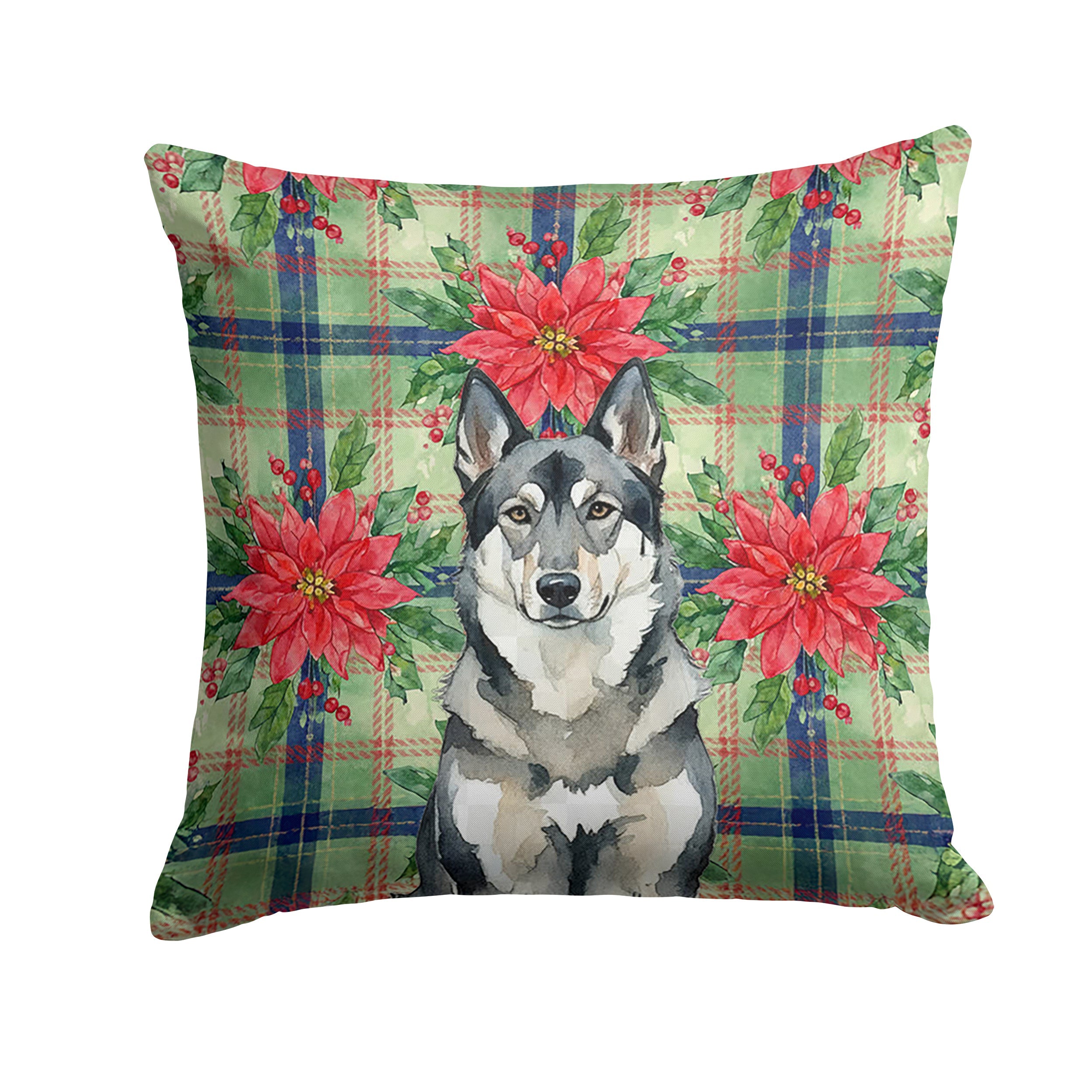 Norwegian Elkhound Christmas PoinsettIas Decorative Throw Pillow 18x18 Indoor Outdoor Accent Cushion, Fabric Cover with Insert for Sofa, Bed, Porch & Living Room