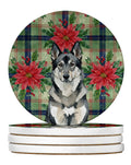 Norwegian Elkhound Christmas PoinsettIas Large Sandstone Coasters Pack of 4 Absorbent Round Coasters Decor Gifts for Men or Women, 4 in, Multicolor