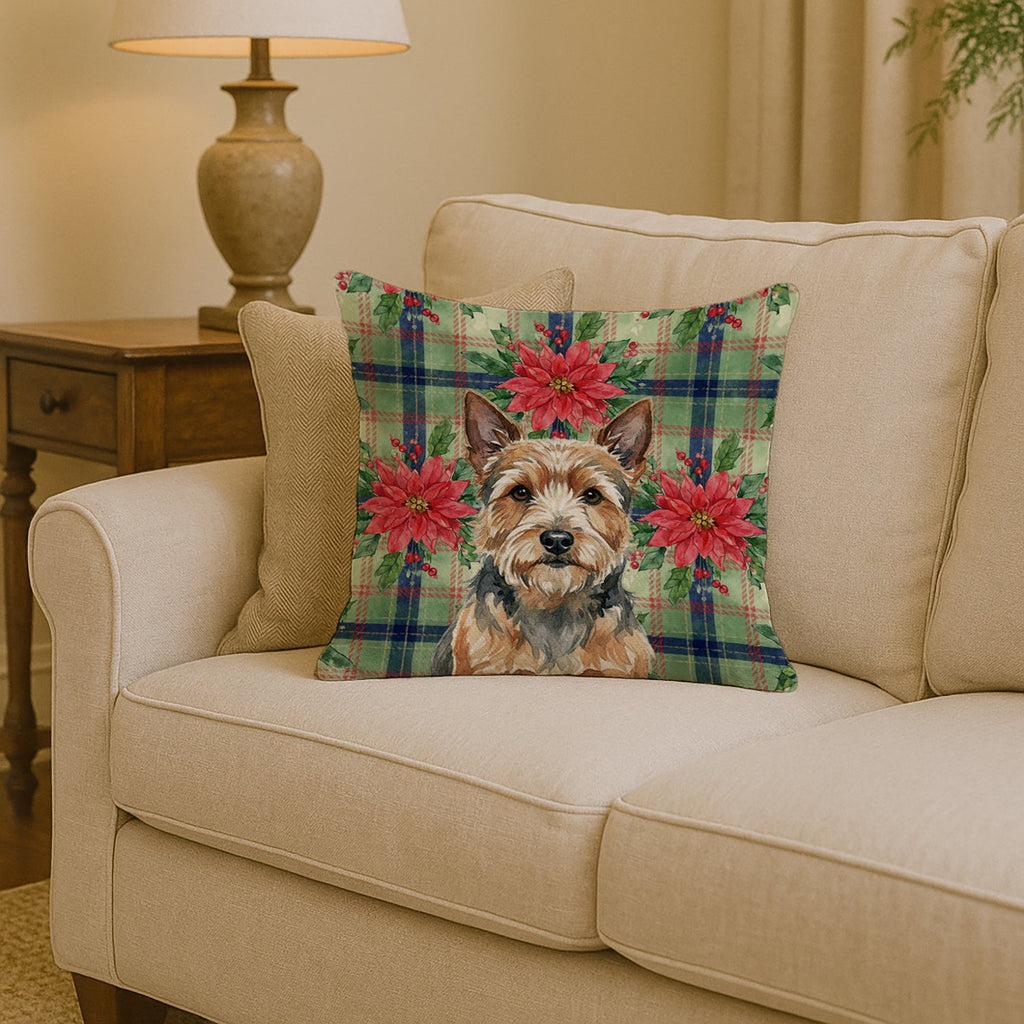 Norwich Terrier Christmas PoinsettIas Decorative Throw Pillow 14x14 Indoor Outdoor Accent Cushion, Fabric Cover with Insert for Sofa, Bed, Porch & Living Room