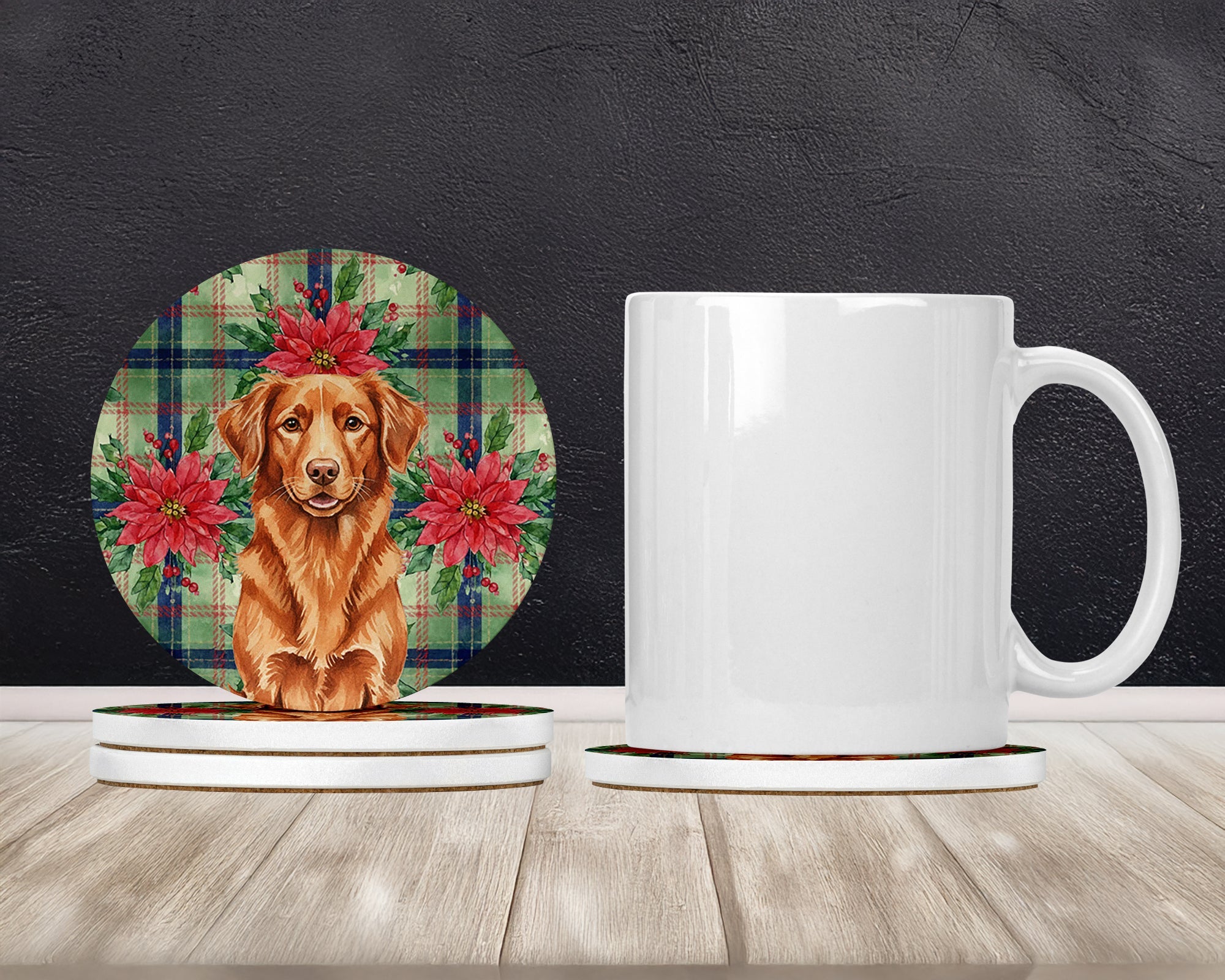 Copper Nova Scotia Duck Tolling Retriever Christmas PoinsettIas Large Sandstone Coasters Pack of 4 Absorbent Round Coasters Decor Gifts for Men or Women, 4 in, Multicolor