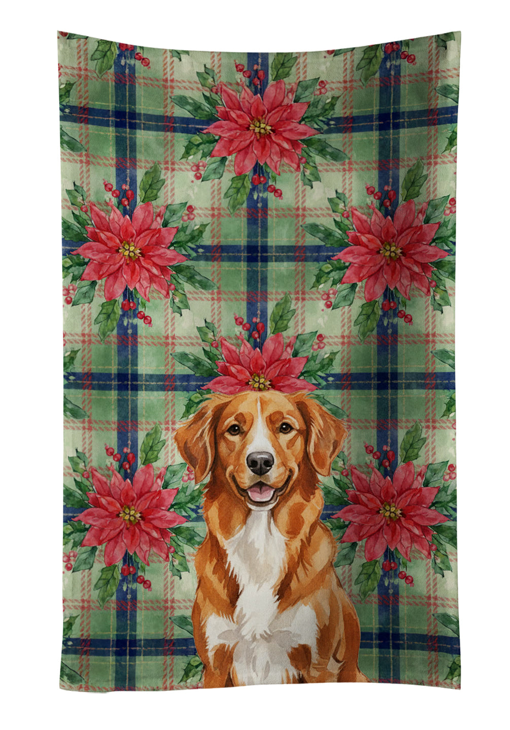 Orange Nova Scotia Duck Tolling Retriever Christmas PoinsettIas Kitchen Towel Velour Plush Front and Cotton Loop Back Machine Washable