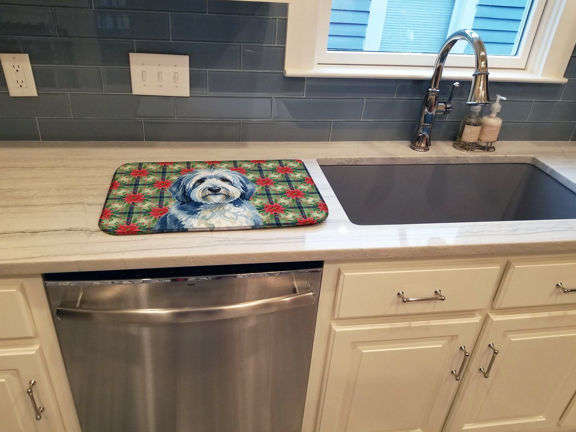 Blue and White Old English Sheepdog Christmas PoinsettIas Dish Drying Mat Absorbent Dish Drying Mat Pad for Kitchen Counter Dish Drainer Mat for Countertop, 14 x 21", Multicolor
