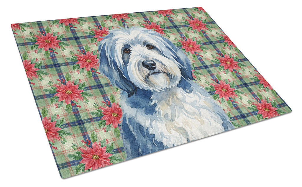 Blue and White Old English Sheepdog Christmas PoinsettIas Cutting Board Tempered Glass Kitchen Cutting Surface, Heat Resistant Chopping, Non-Slip Feet, Food Prep & Serving