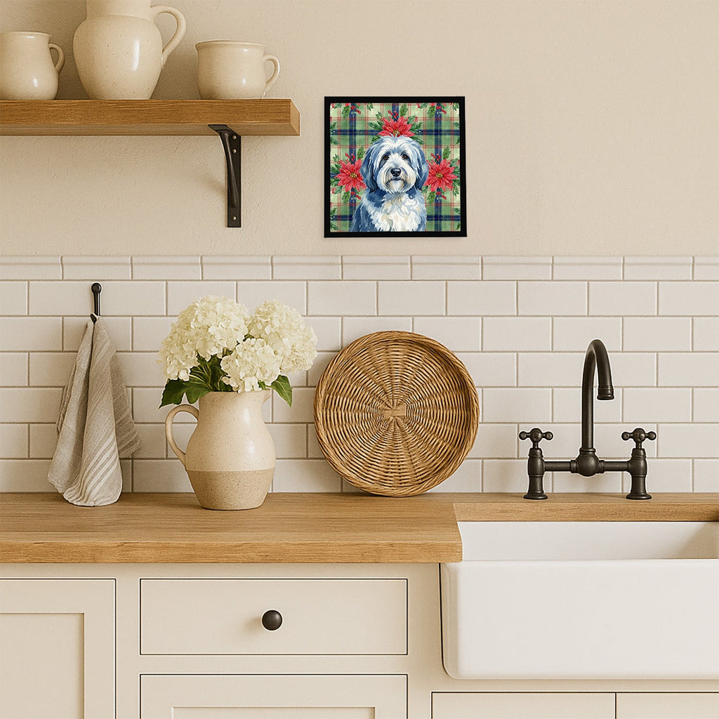 Blue and White Old English Sheepdog Christmas PoinsettIas Framed Metal Print Bathroom, Kitchen, Office, Home Decor Wall Art Ready to Hang, Square, 8X8