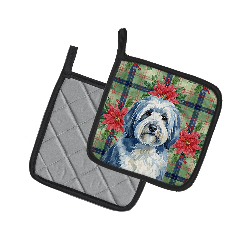 Blue and White Old English Sheepdog Christmas PoinsettIas Pot Holder Set of 2 Heat Resistant Quilted Hot Pads 7.5 x 7.5 Inch, Insulated Kitchen Trivets for Cooking & Baking