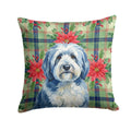 Blue and White Old English Sheepdog Christmas PoinsettIas Decorative Throw Pillow 14x14 Indoor Outdoor Accent Cushion, Fabric Cover with Insert for Sofa, Bed, Porch & Living Room