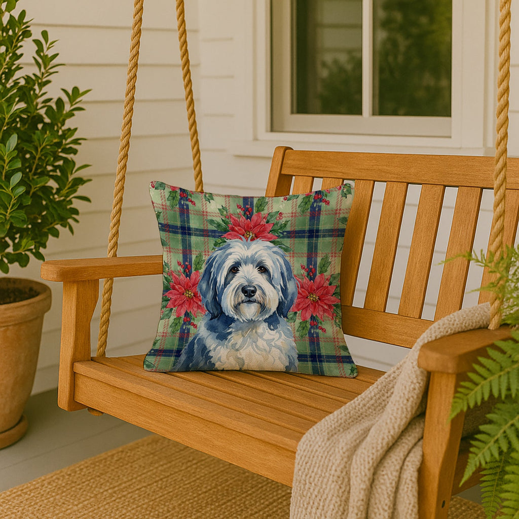 Blue and White Old English Sheepdog Christmas PoinsettIas Decorative Throw Pillow 18x18 Indoor Outdoor Accent Cushion, Fabric Cover with Insert for Sofa, Bed, Porch & Living Room