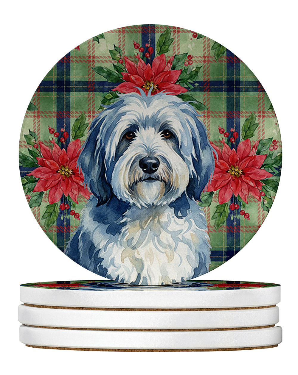 Blue and White Old English Sheepdog Christmas PoinsettIas Large Sandstone Coasters Pack of 4 Absorbent Round Coasters Decor Gifts for Men or Women, 4 in, Multicolor
