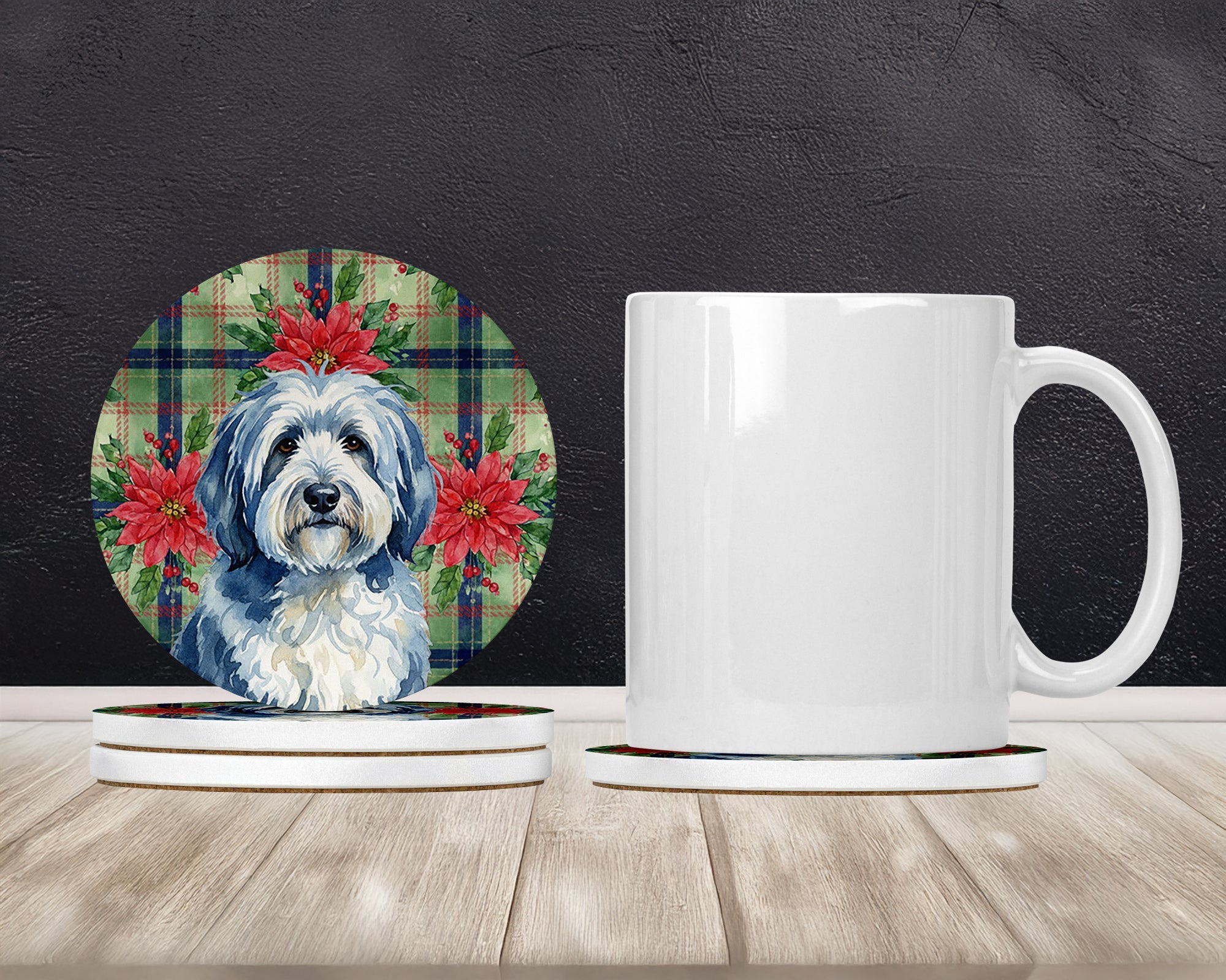 Blue and White Old English Sheepdog Christmas PoinsettIas Large Sandstone Coasters Pack of 4 Absorbent Round Coasters Decor Gifts for Men or Women, 4 in, Multicolor