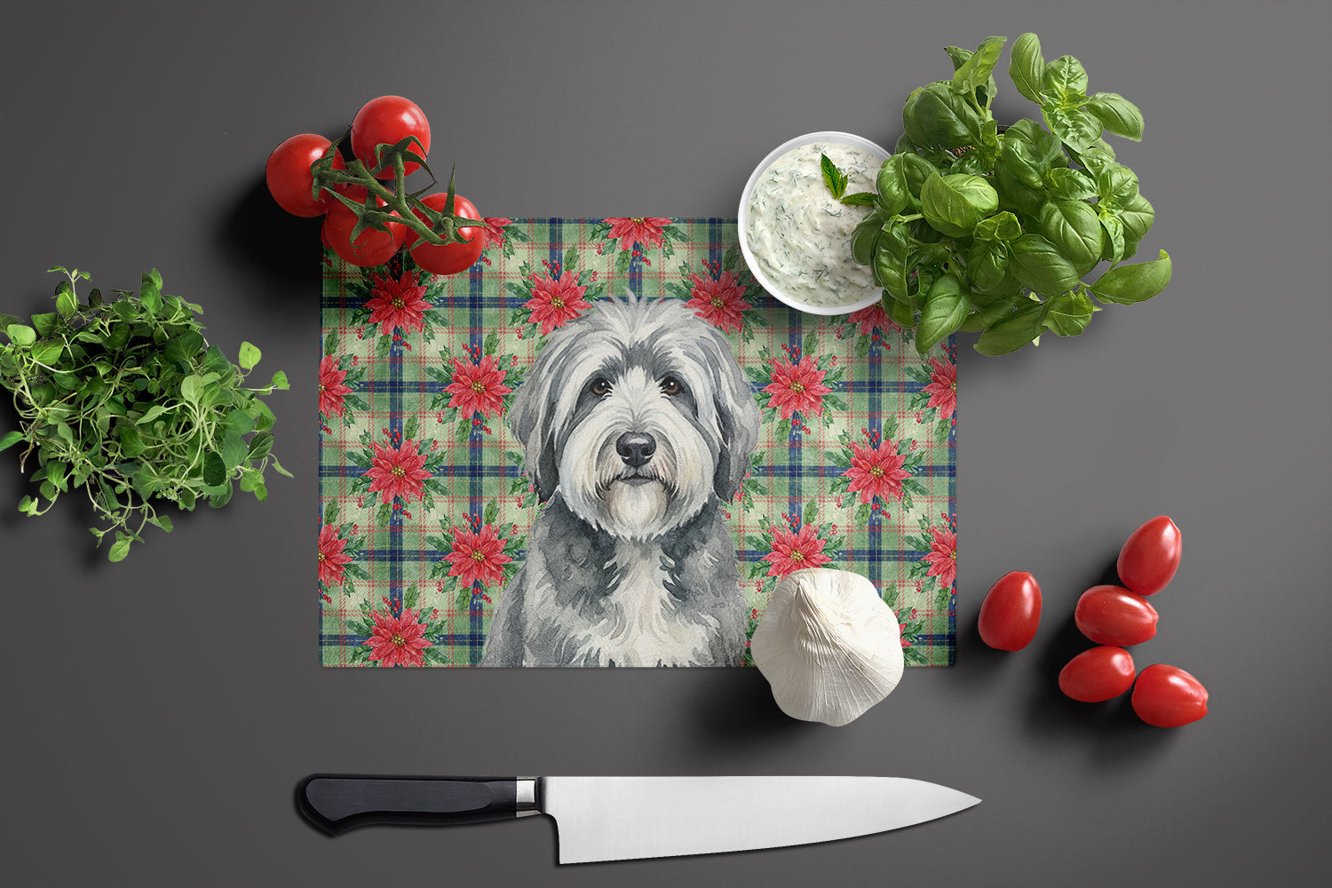 Gray and White Old English Sheepdog Christmas PoinsettIas Cutting Board Tempered Glass Kitchen Cutting Surface, Heat Resistant Chopping, Non-Slip Feet, Food Prep & Serving