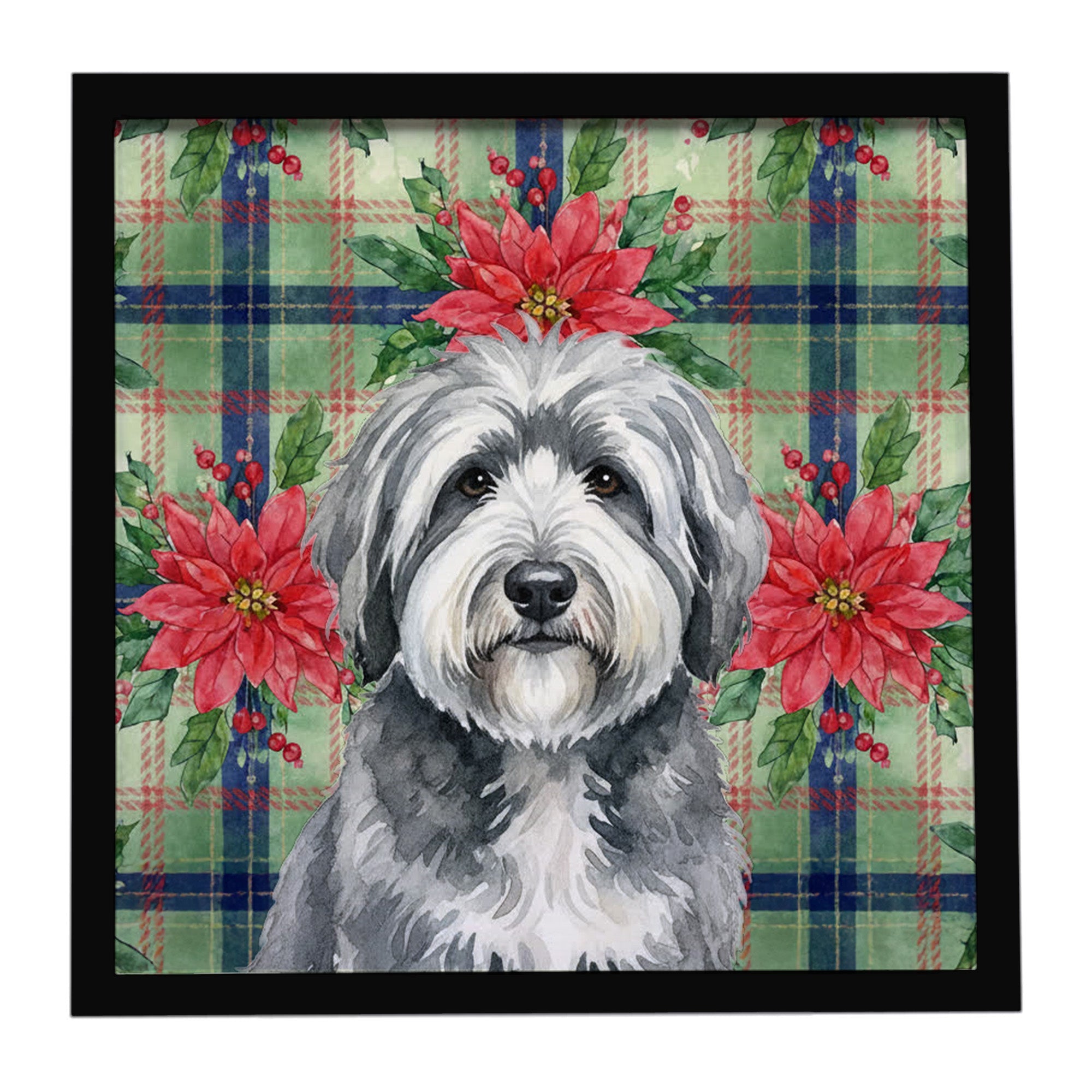 Gray and White Old English Sheepdog Christmas PoinsettIas Framed Metal Print Bathroom, Kitchen, Office, Home Decor Wall Art Ready to Hang, Square, 8X8