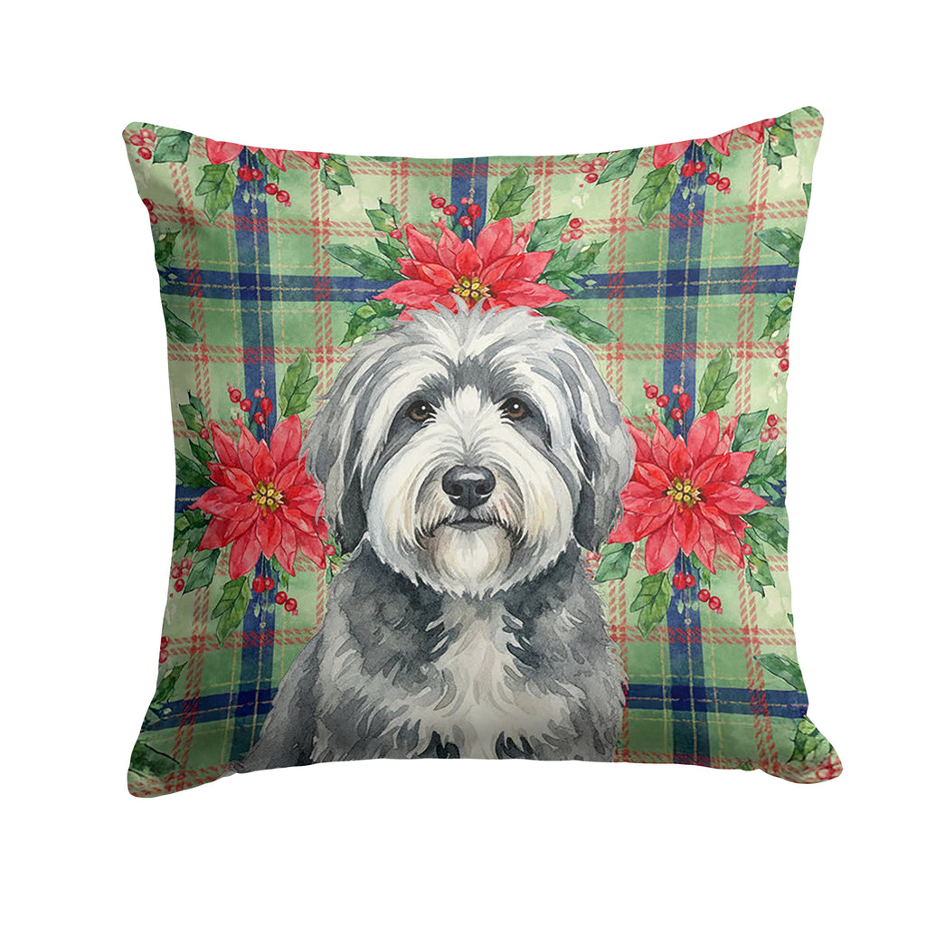 Gray and White Old English Sheepdog Christmas PoinsettIas Decorative Throw Pillow 18x18 Indoor Outdoor Accent Cushion, Fabric Cover with Insert for Sofa, Bed, Porch & Living Room