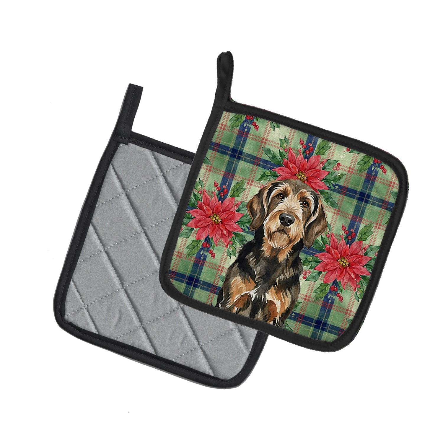 Black and Tan Otterhound Christmas PoinsettIas Pot Holder Set of 2 Heat Resistant Quilted Hot Pads 7.5 x 7.5 Inch, Insulated Kitchen Trivets for Cooking & Baking