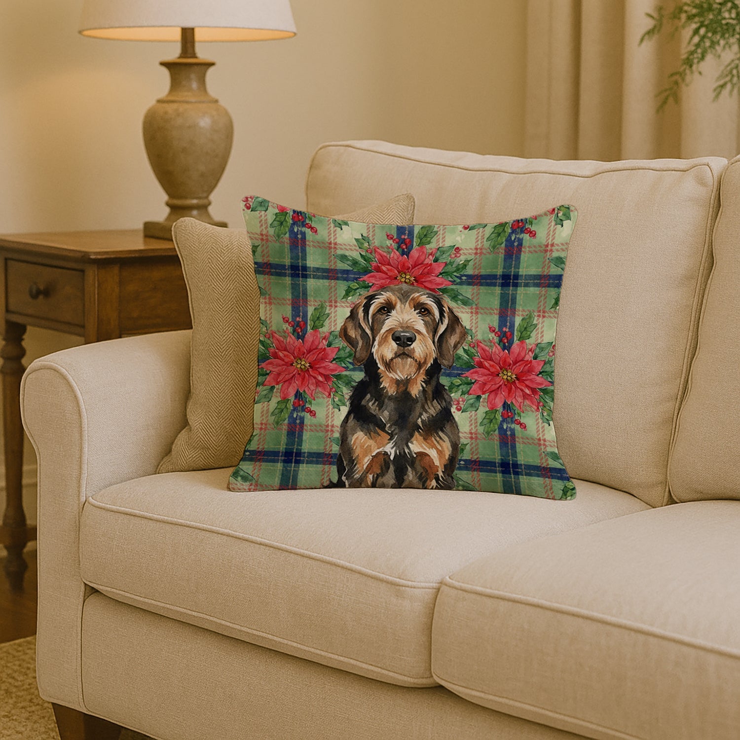Black and Tan Otterhound Christmas PoinsettIas Decorative Throw Pillow 14x14 Indoor Outdoor Accent Cushion, Fabric Cover with Insert for Sofa, Bed, Porch & Living Room