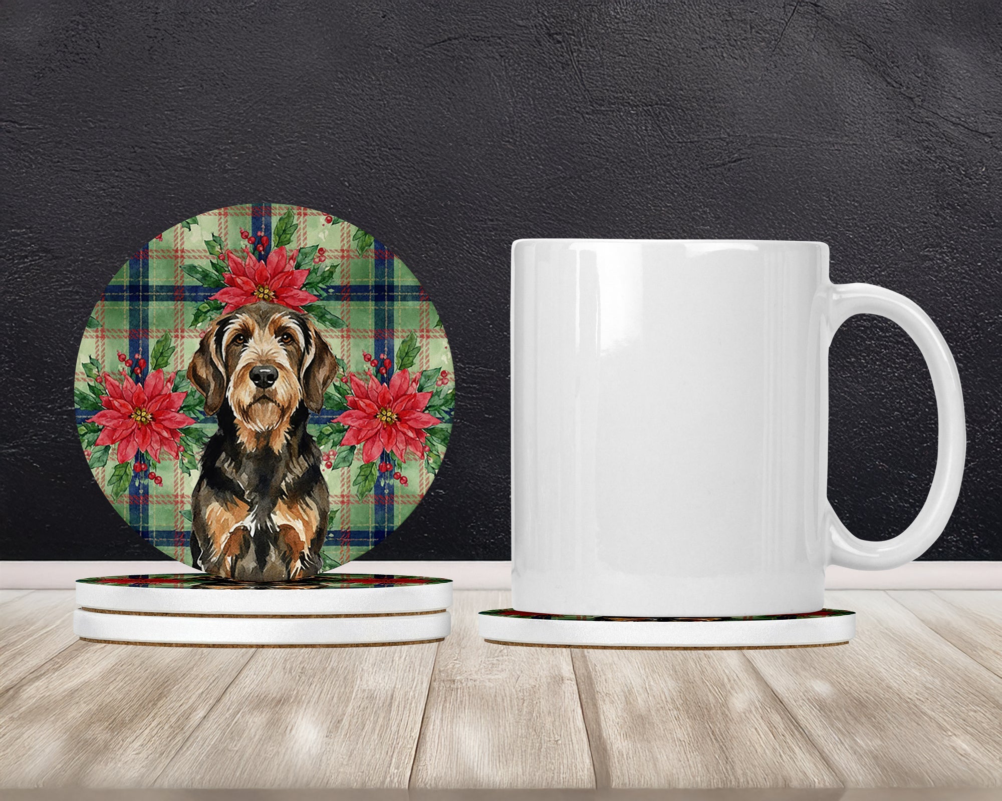 Black and Tan Otterhound Christmas PoinsettIas Large Sandstone Coasters Pack of 4 Absorbent Round Coasters Decor Gifts for Men or Women, 4 in, Multicolor