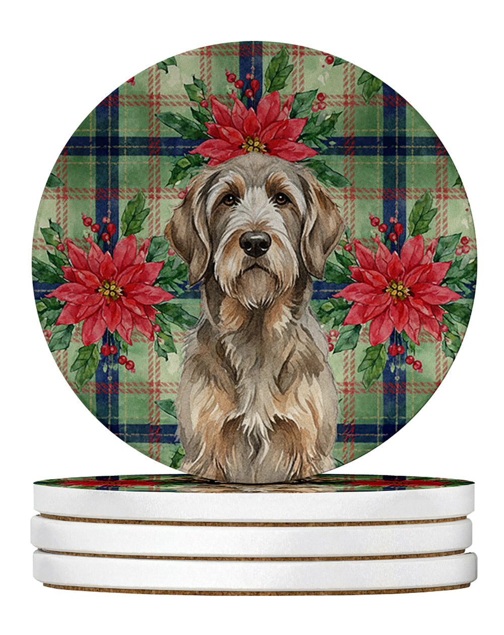 Grizzle and Tan Otterhound Christmas PoinsettIas Large Sandstone Coasters Pack of 4 Absorbent Round Coasters Decor Gifts for Men or Women, 4 in, Multicolor