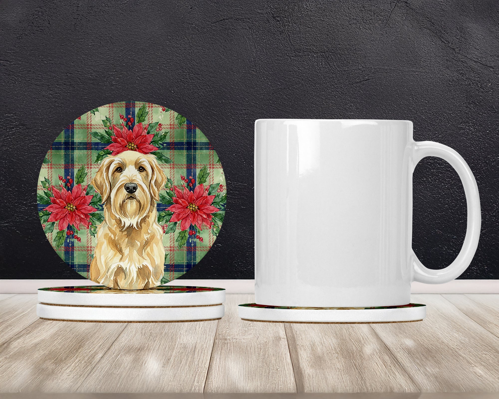 Wheaten and Tan Otterhound Christmas PoinsettIas Large Sandstone Coasters Pack of 4 Absorbent Round Coasters Decor Gifts for Men or Women, 4 in, Multicolor