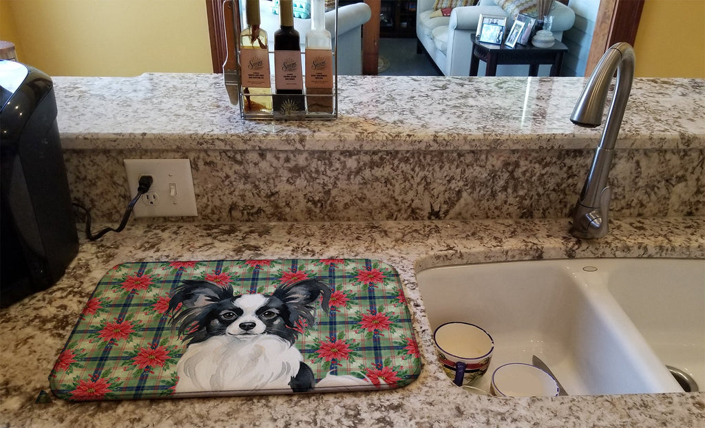 Black and White Papillon Christmas PoinsettIas Dish Drying Mat Absorbent Dish Drying Mat Pad for Kitchen Counter Dish Drainer Mat for Countertop, 14 x 21", Multicolor