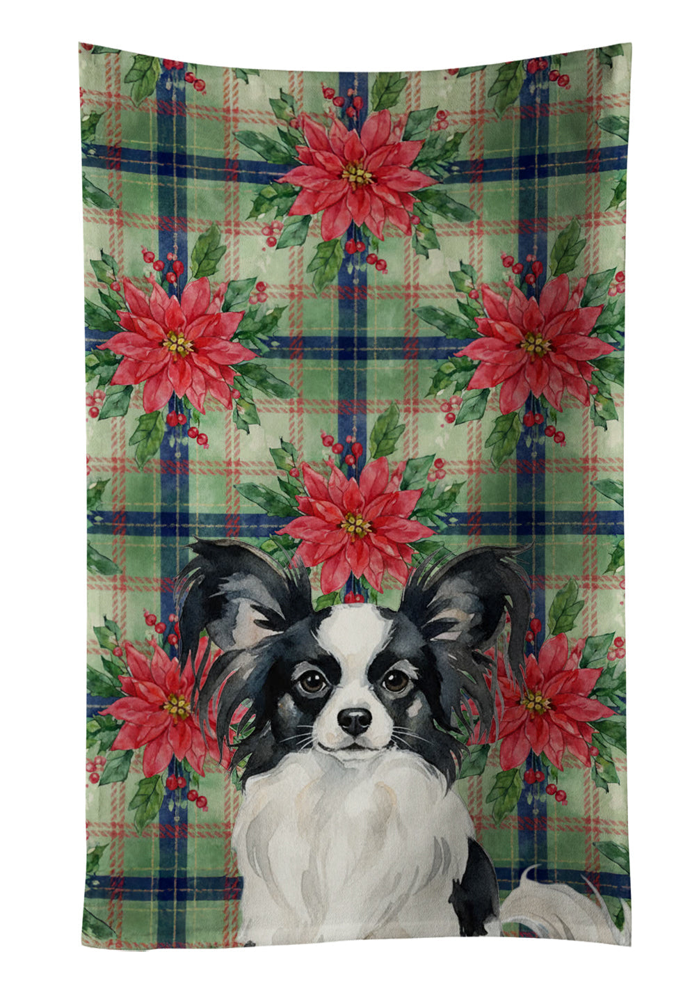 Black and White Papillon Christmas PoinsettIas Kitchen Towel Velour Plush Front and Cotton Loop Back Machine Washable