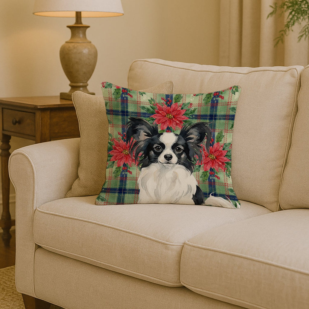 Black and White Papillon Christmas PoinsettIas Decorative Throw Pillow 14x14 Indoor Outdoor Accent Cushion, Fabric Cover with Insert for Sofa, Bed, Porch & Living Room