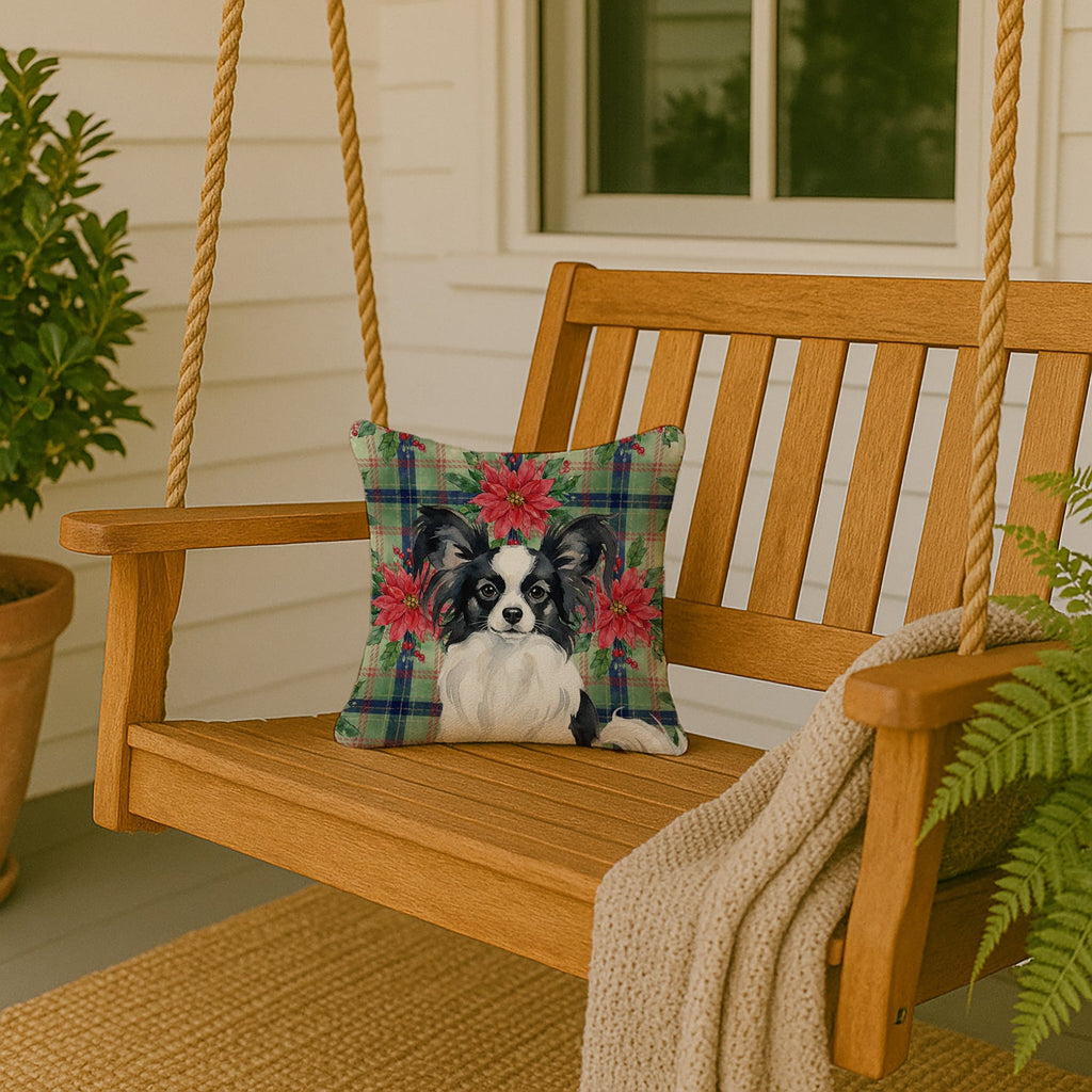 Black and White Papillon Christmas PoinsettIas Decorative Throw Pillow 14x14 Indoor Outdoor Accent Cushion, Fabric Cover with Insert for Sofa, Bed, Porch & Living Room
