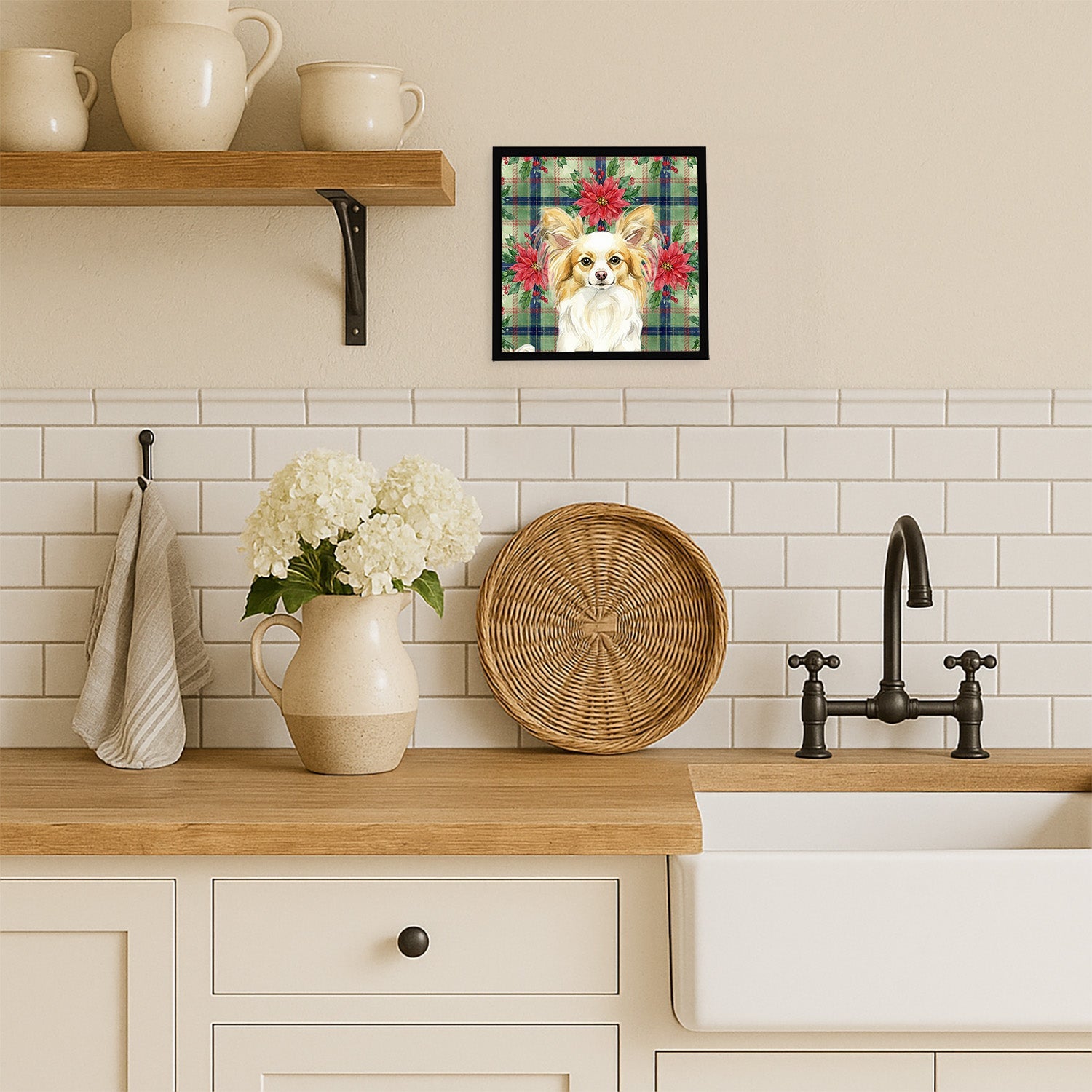Lemon and White Papillon Christmas PoinsettIas Framed Metal Print Bathroom, Kitchen, Office, Home Decor Wall Art Ready to Hang, Square, 8X8