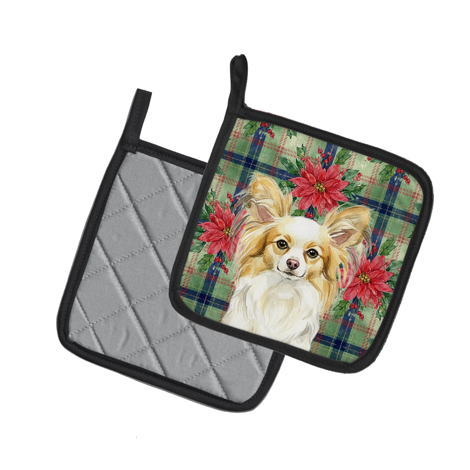 Lemon and White Papillon Christmas PoinsettIas Pot Holder Set of 2 Heat Resistant Quilted Hot Pads 7.5 x 7.5 Inch, Insulated Kitchen Trivets for Cooking & Baking