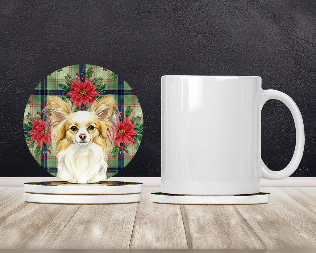 Lemon and White Papillon Christmas PoinsettIas Large Sandstone Coasters Pack of 4 Absorbent Round Coasters Decor Gifts for Men or Women, 4 in, Multicolor