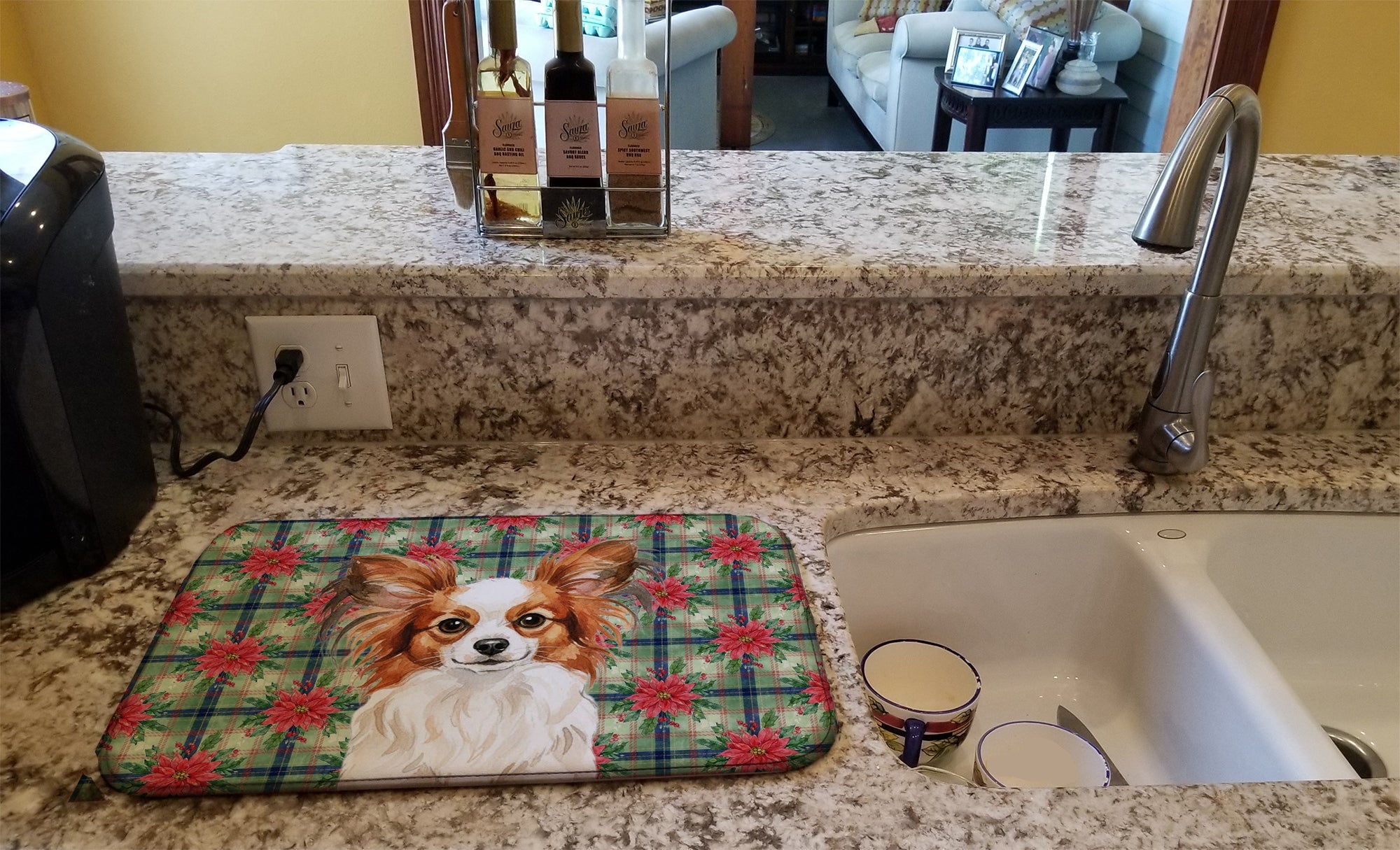 White with Red Papillon Christmas PoinsettIas Dish Drying Mat Absorbent Dish Drying Mat Pad for Kitchen Counter Dish Drainer Mat for Countertop, 14 x 21", Multicolor