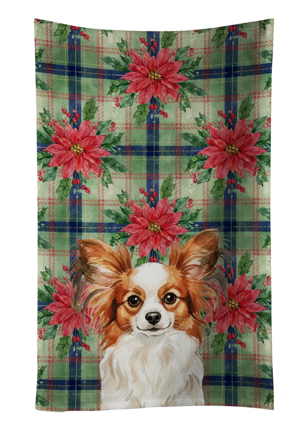 White with Red Papillon Christmas PoinsettIas Kitchen Towel Velour Plush Front and Cotton Loop Back Machine Washable