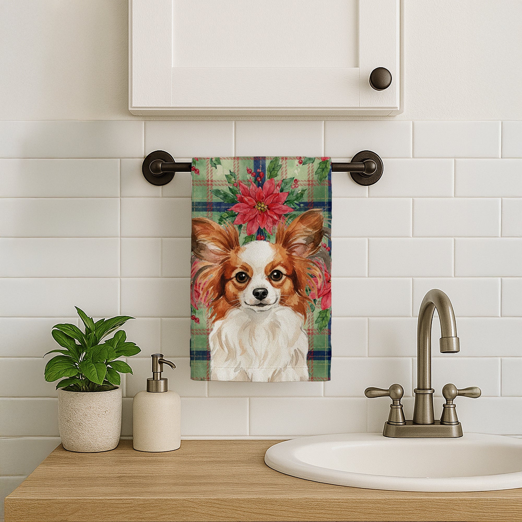 White with Red Papillon Christmas PoinsettIas Kitchen Towel Velour Plush Front and Cotton Loop Back Machine Washable