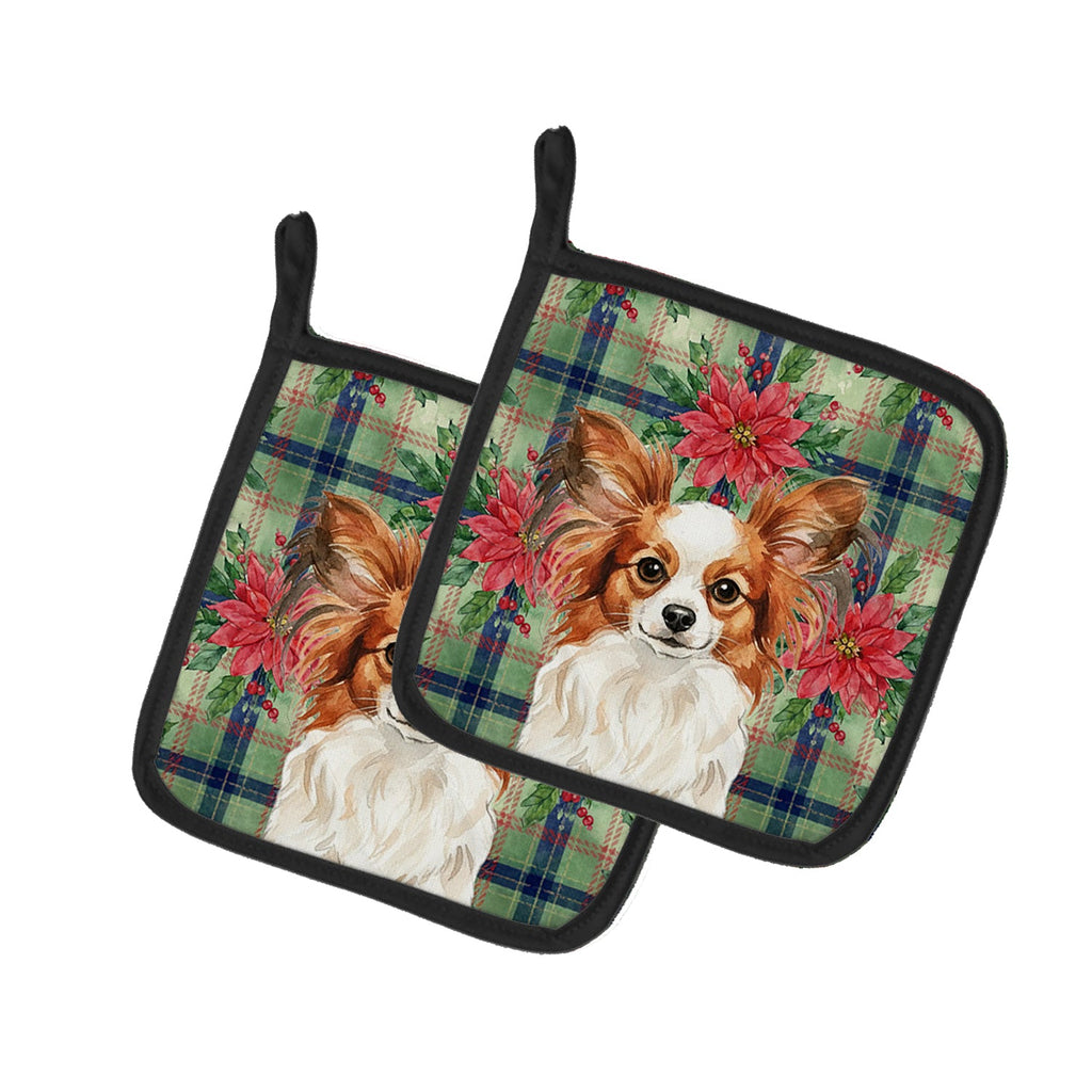 White with Red Papillon Christmas PoinsettIas Pot Holder Set of 2 Heat Resistant Quilted Hot Pads 7.5 x 7.5 Inch, Insulated Kitchen Trivets for Cooking & Baking