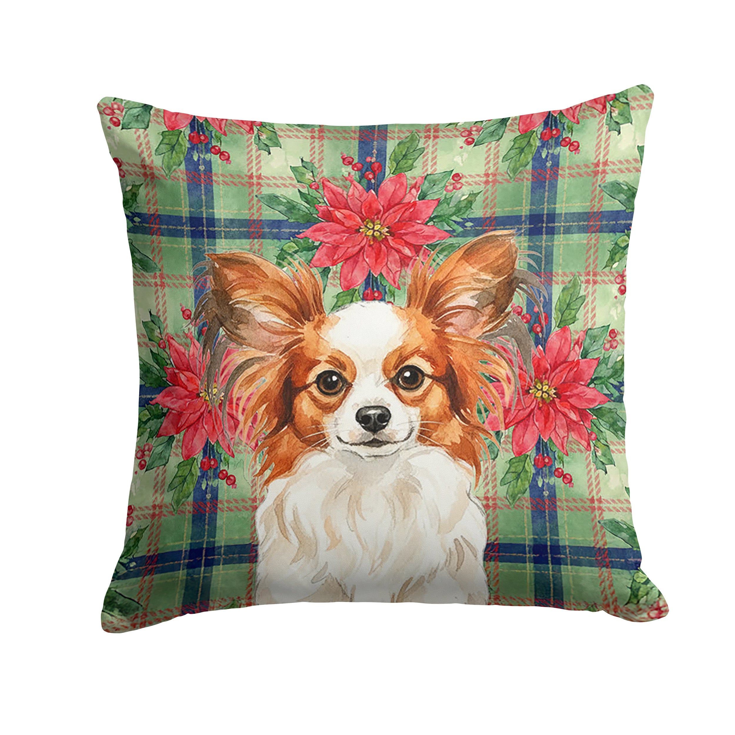 White with Red Papillon Christmas PoinsettIas Decorative Throw Pillow 14x14 Indoor Outdoor Accent Cushion, Fabric Cover with Insert for Sofa, Bed, Porch & Living Room